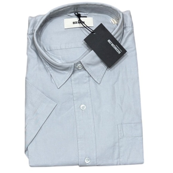 Buck Mason Mist Draped Twill Short Sleeve One Pocket Shirt XXL Soft Blue Basic - Picture 2 of 4
